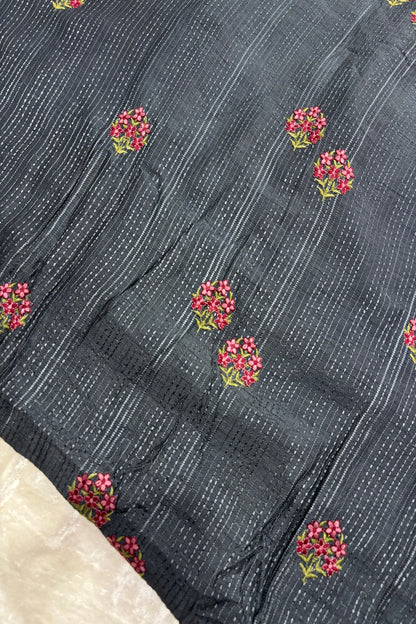 Mini Floral Embroidery With Self Striped Falling RawSilk Fabric