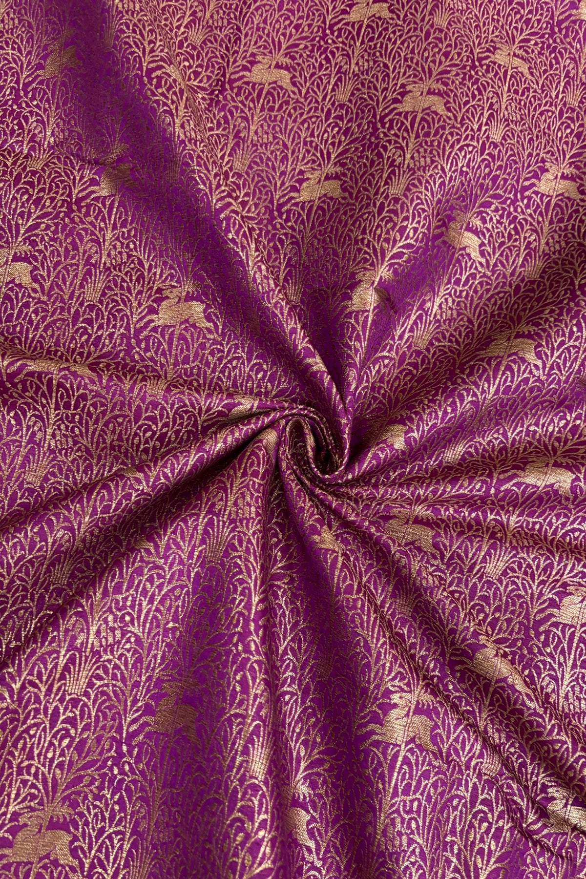 Reindeers Forest Themed Woven With Antiq Zari Katan Satin Banaras Fabric