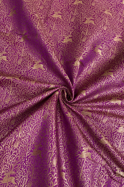 Reindeers Forest Themed Woven With Antiq Zari Katan Satin Banaras Fabric