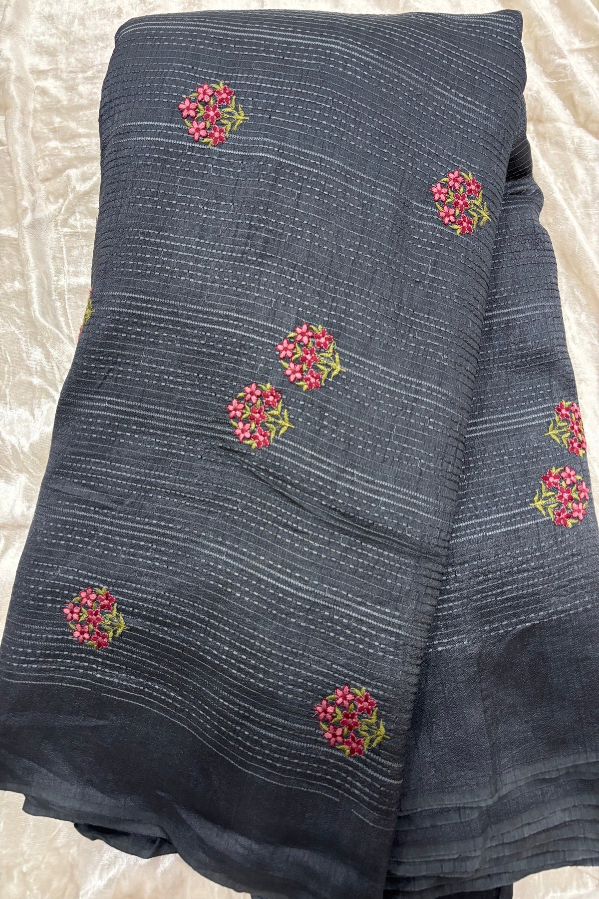 Mini Floral Embroidery With Self Striped Falling RawSilk Fabric
