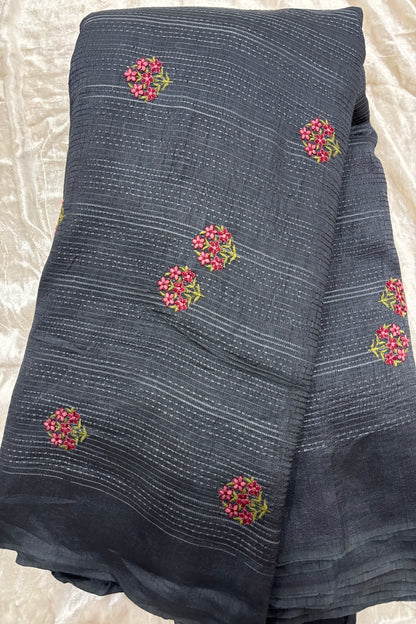 Mini Floral Embroidery With Self Striped Falling RawSilk Fabric