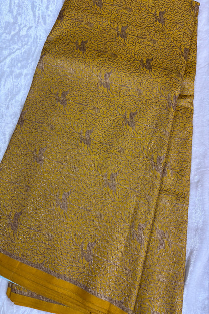 Reindeers Forest Themed Woven With Antiq Zari Katan Satin Banaras Fabric