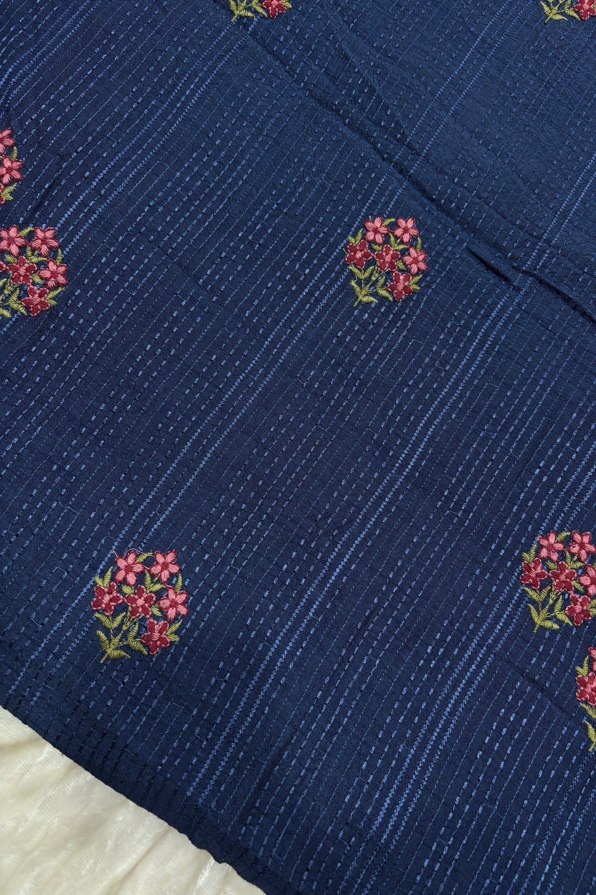 Mini Floral Embroidery With Self Striped Falling RawSilk Fabric
