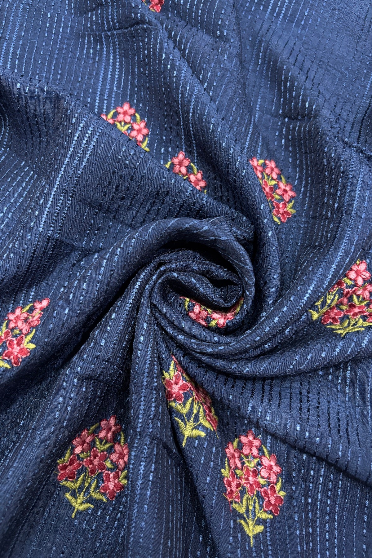 Mini Floral Embroidery With Self Striped Falling RawSilk Fabric