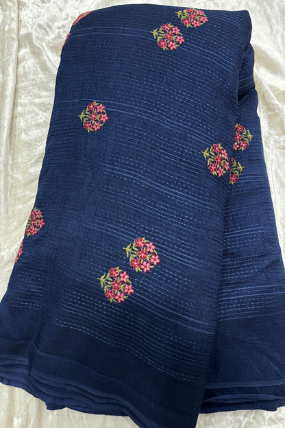 Mini Floral Embroidery With Self Striped Falling RawSilk Fabric