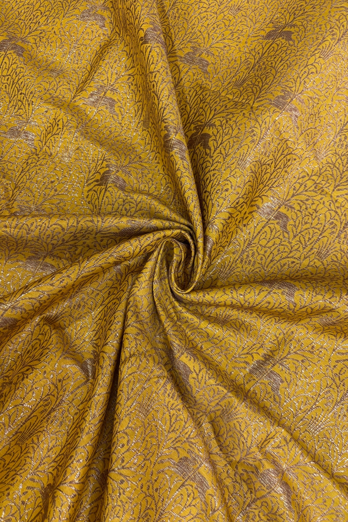 Reindeers Forest Themed Woven With Antiq Zari Katan Satin Banaras Fabric