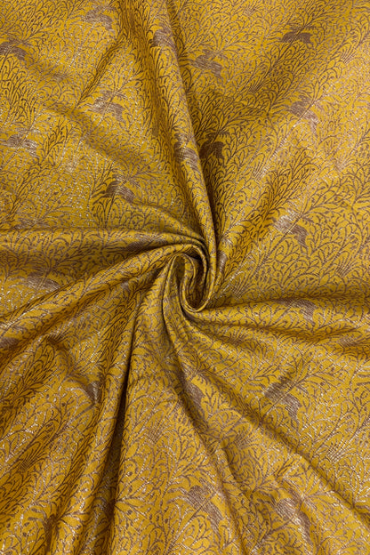 Reindeers Forest Themed Woven With Antiq Zari Katan Satin Banaras Fabric