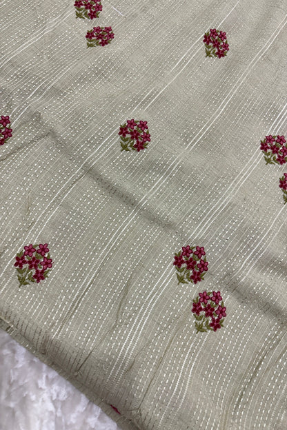 Mini Floral Embroidery With Self Striped Falling RawSilk Fabric