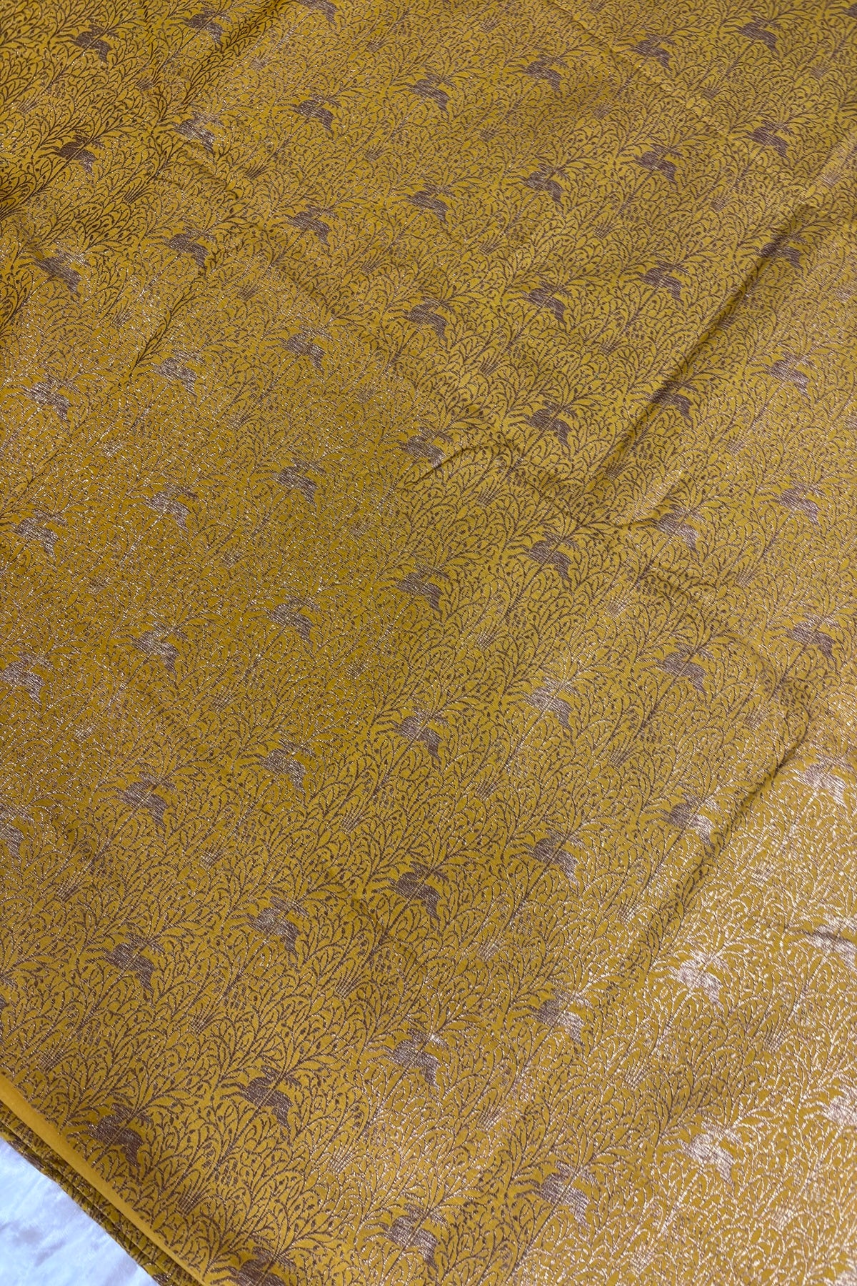 Reindeers Forest Themed Woven With Antiq Zari Katan Satin Banaras Fabric