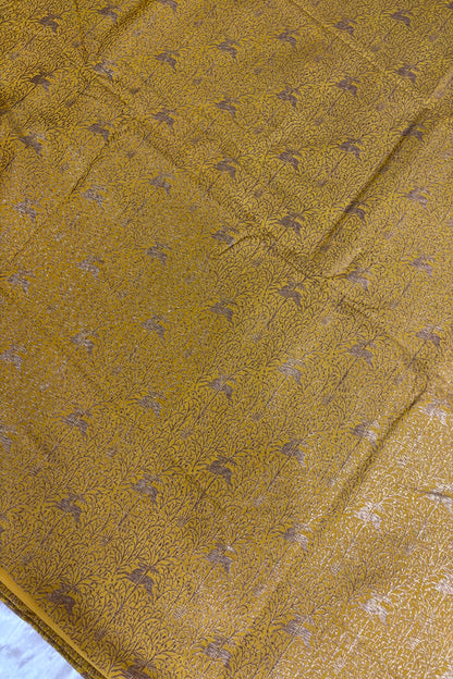 Reindeers Forest Themed Woven With Antiq Zari Katan Satin Banaras Fabric