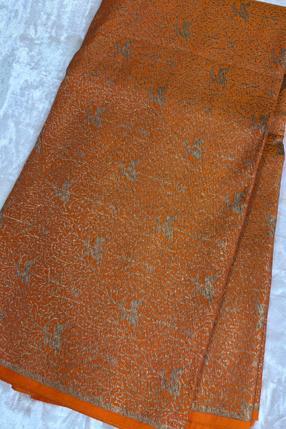 Reindeers Forest Themed Woven With Antiq Zari Katan Satin Banaras Fabric