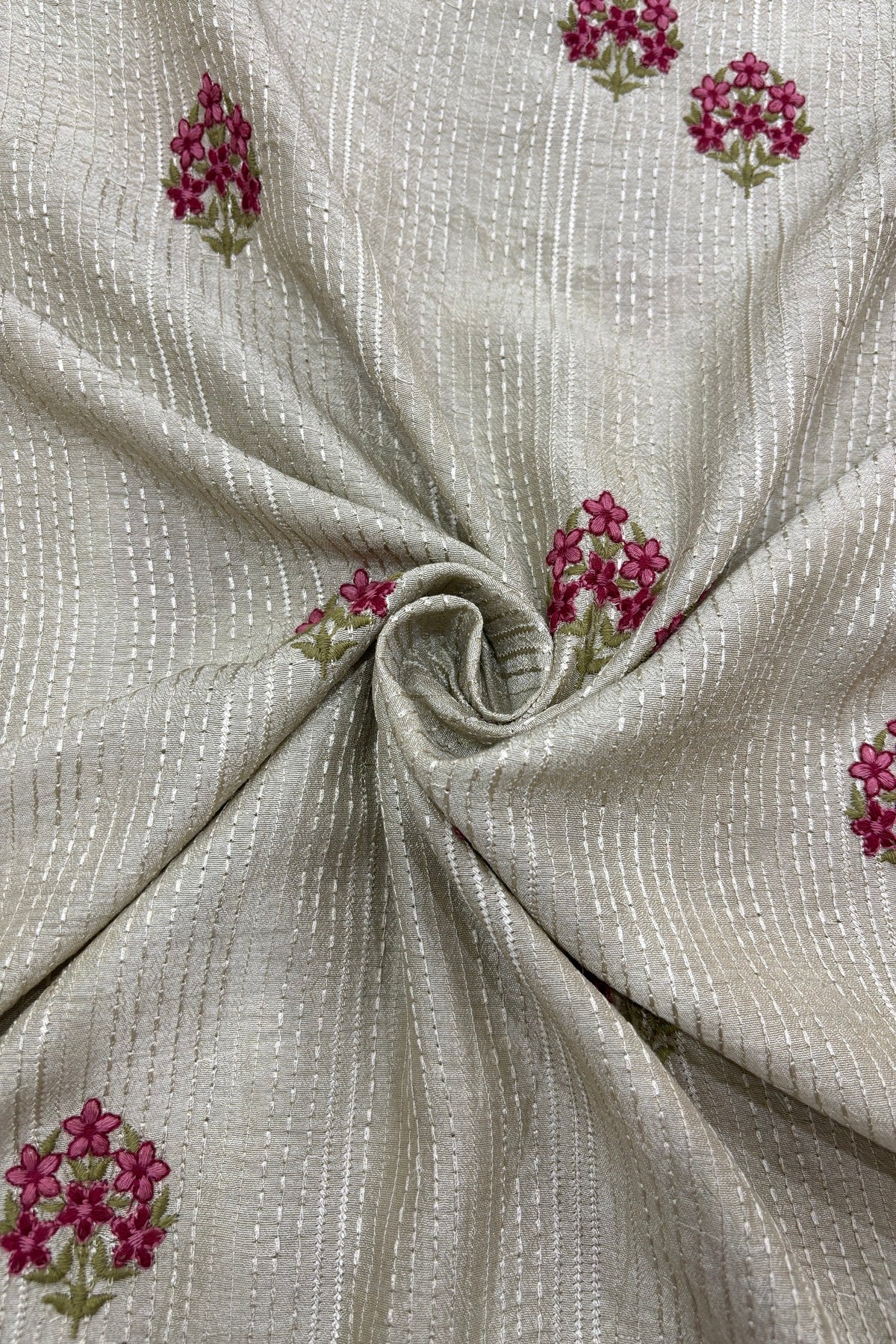 Mini Floral Embroidery With Self Striped Falling RawSilk Fabric
