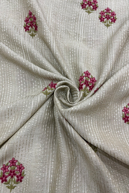 Mini Floral Embroidery With Self Striped Falling RawSilk Fabric