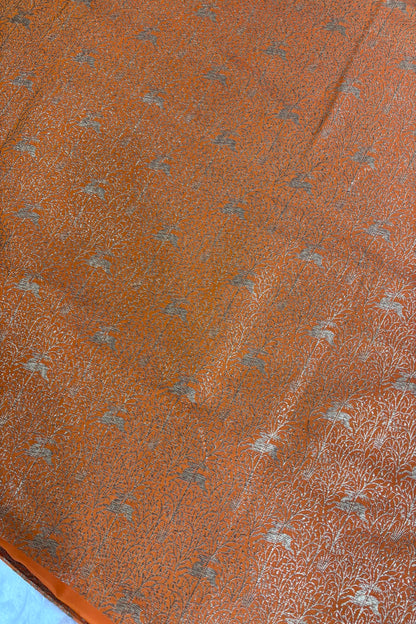 Reindeers Forest Themed Woven With Antiq Zari Katan Satin Banaras Fabric
