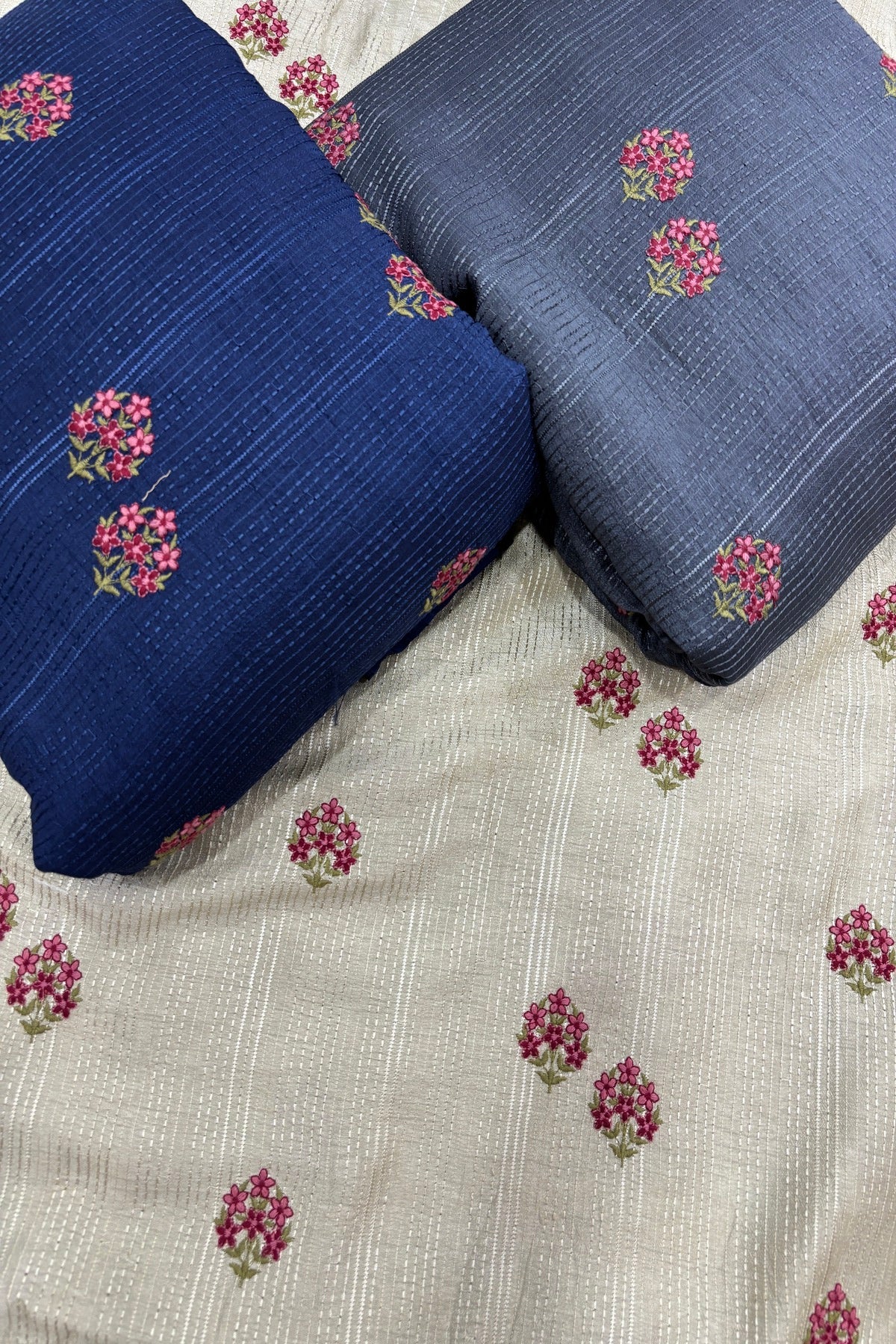 Mini Floral Embroidery With Self Striped Falling RawSilk Fabric