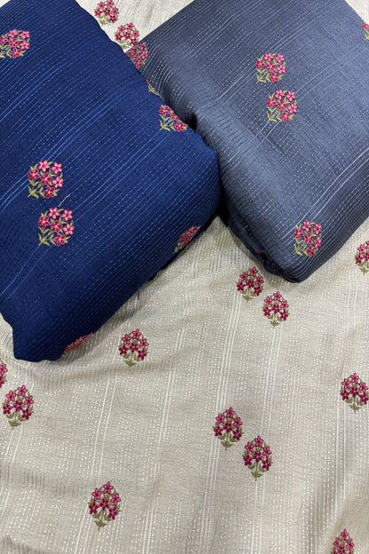 Mini Floral Embroidery With Self Striped Falling RawSilk Fabric