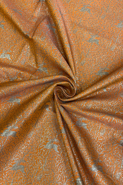 Reindeers Forest Themed Woven With Antiq Zari Katan Satin Banaras Fabric