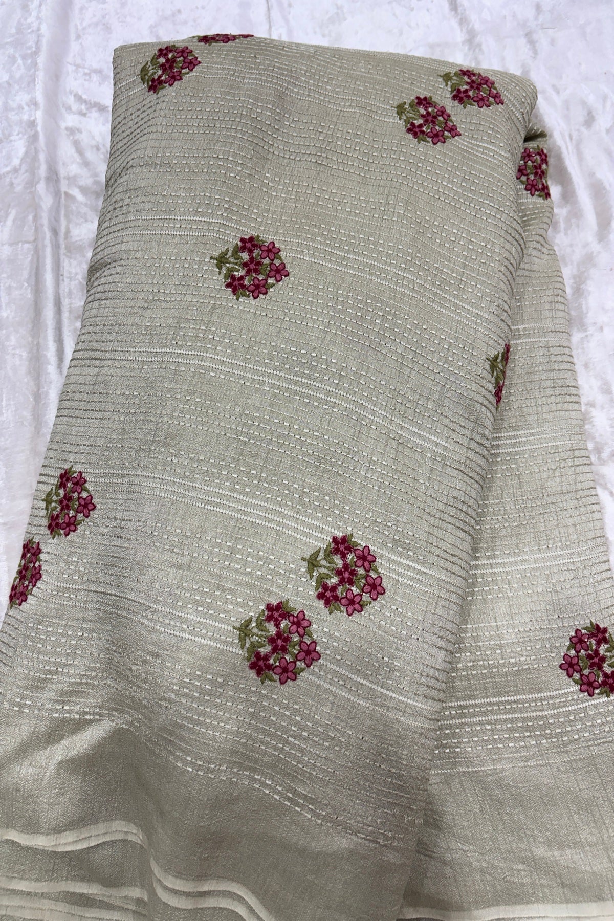 Mini Floral Embroidery With Self Striped Falling RawSilk Fabric