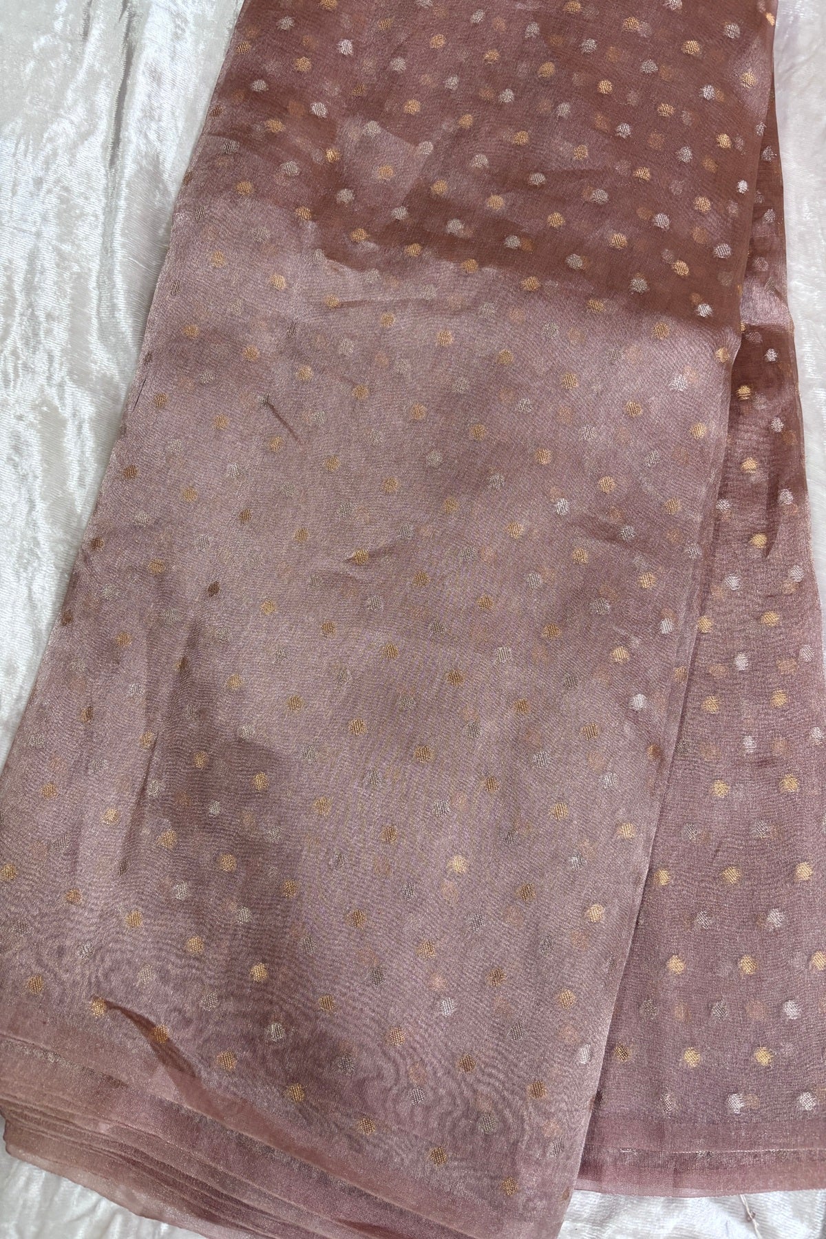 Gold & Silver Polka Dots Zari Woven Pure Organza Tissue Fabric