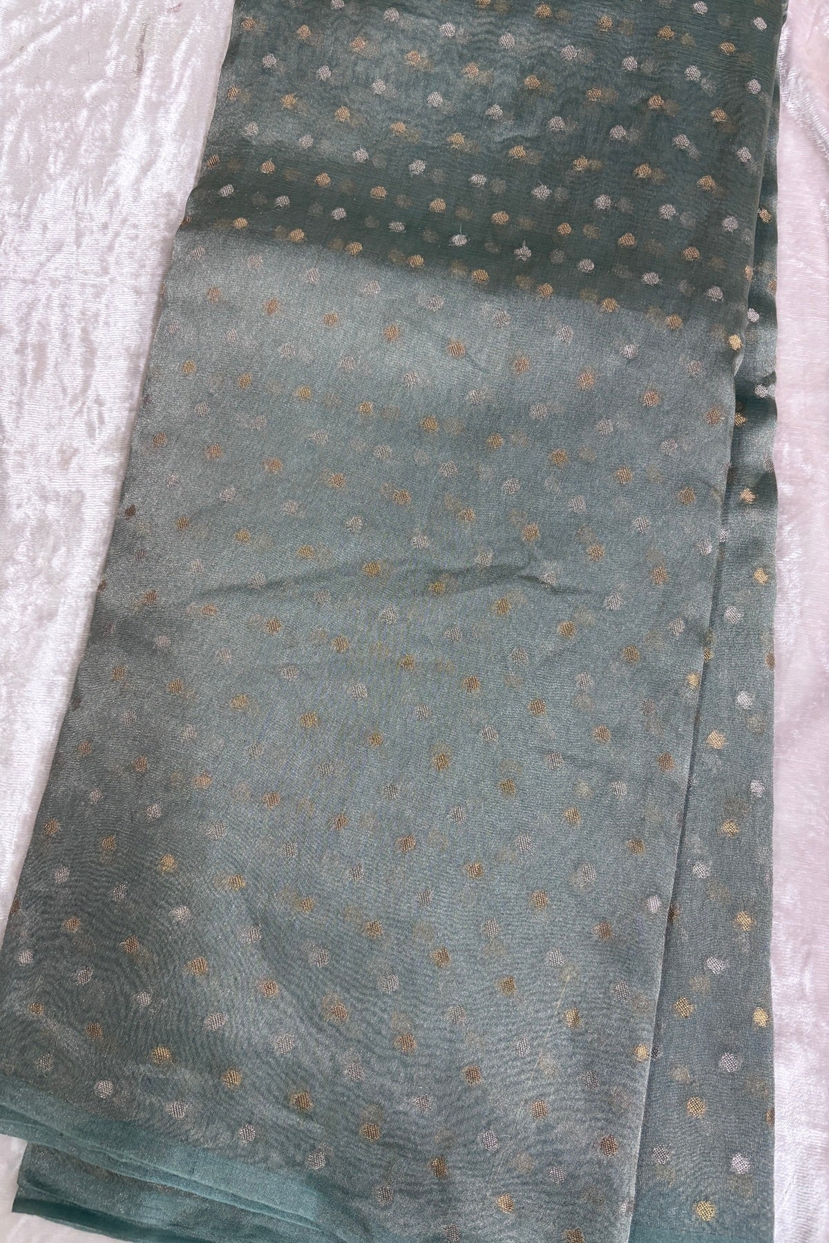 Gold & Silver Polka Dots Zari Woven Pure Organza Tissue Fabric