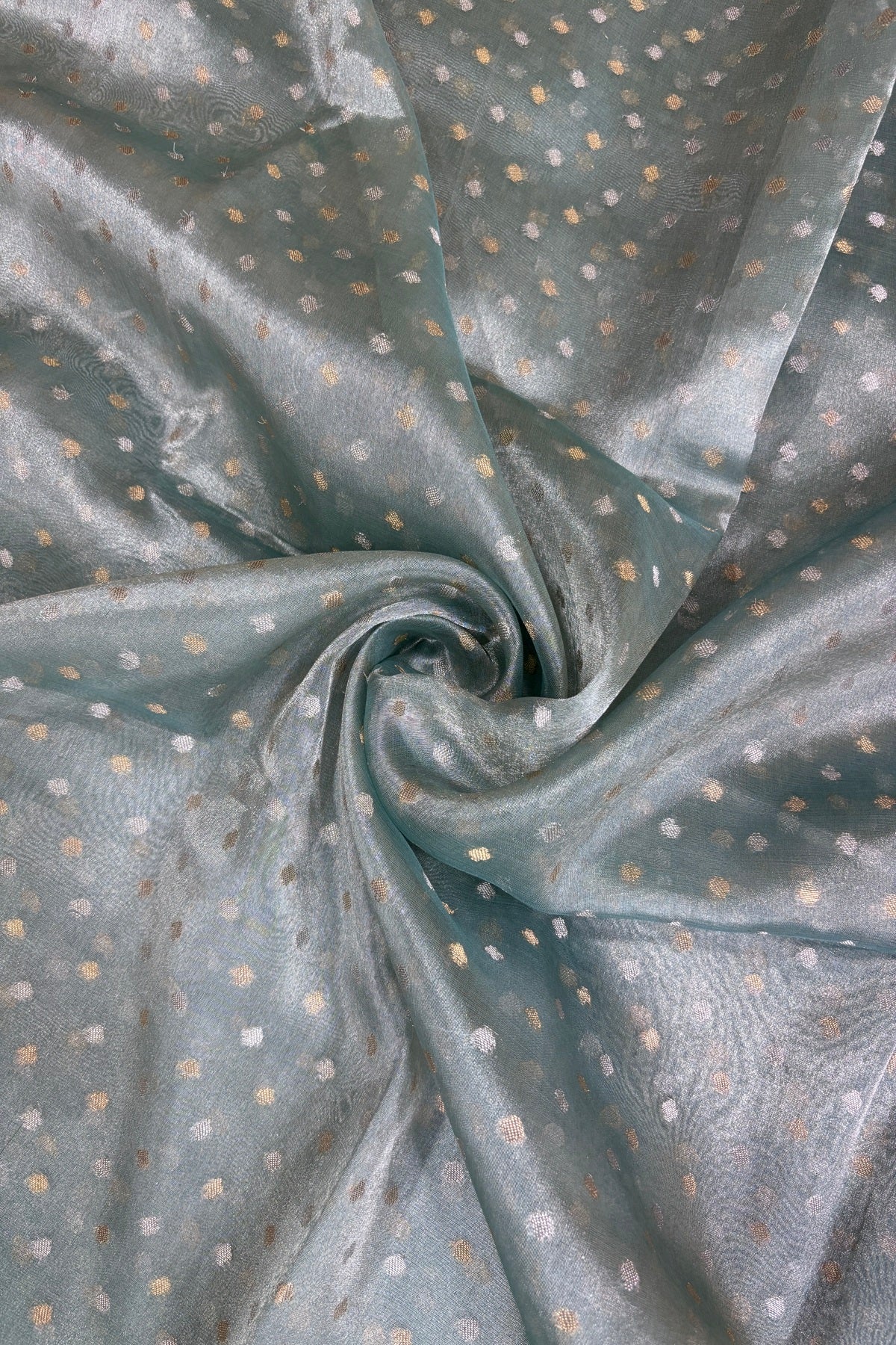 Gold & Silver Polka Dots Zari Woven Pure Organza Tissue Fabric