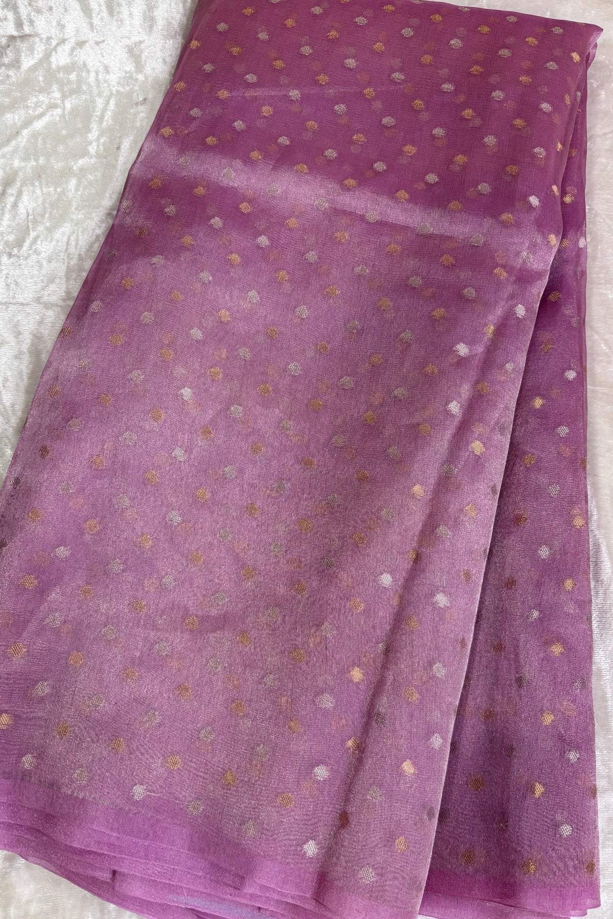 Gold & Silver Polka Dots Zari Woven Pure Organza Tissue Fabric