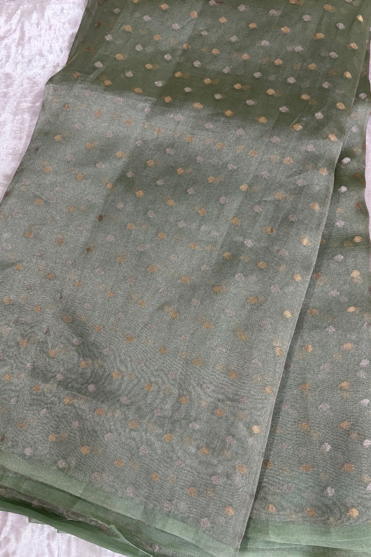 Gold & Silver Polka Dots Zari Woven Pure Organza Tissue Fabric