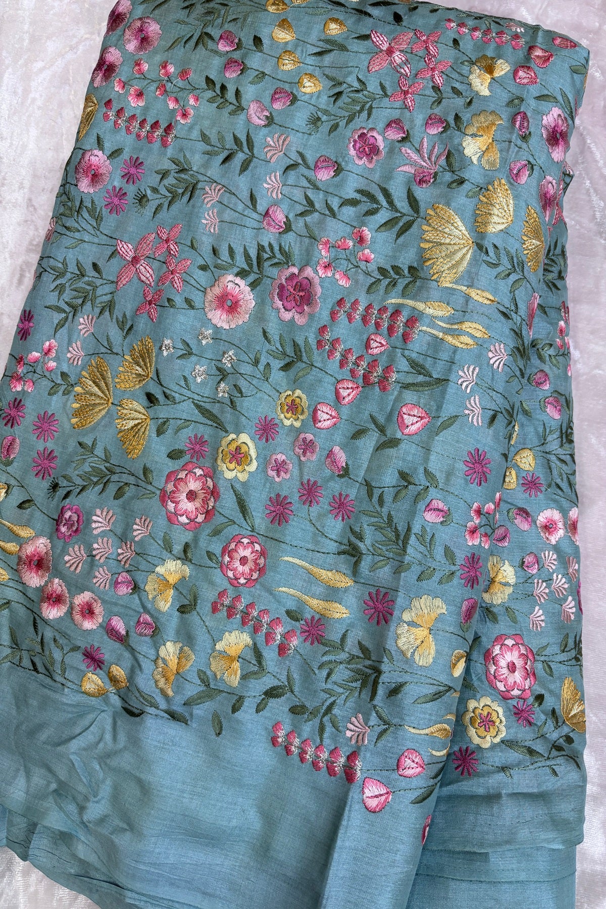 Flora & Fauna Theme Multithread Embroidered Pure Tussar Fabric