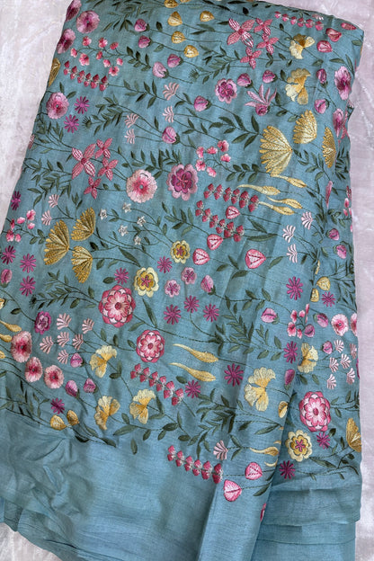 Flora & Fauna Theme Multithread Embroidered Pure Tussar Fabric