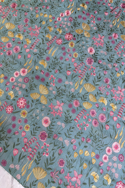 Flora & Fauna Theme Multithread Embroidered Pure Tussar Fabric