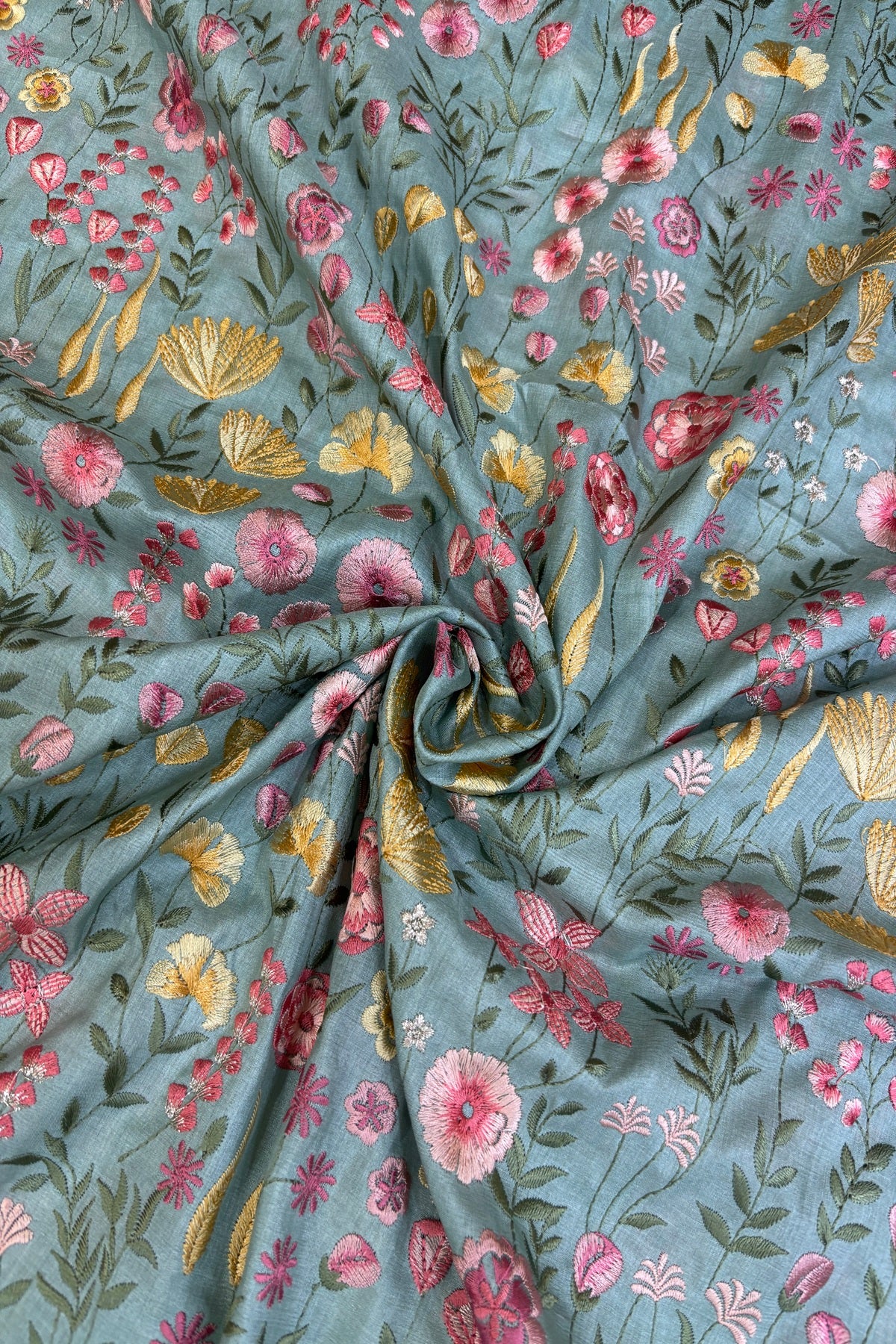 Flora & Fauna Theme Multithread Embroidered Pure Tussar Fabric