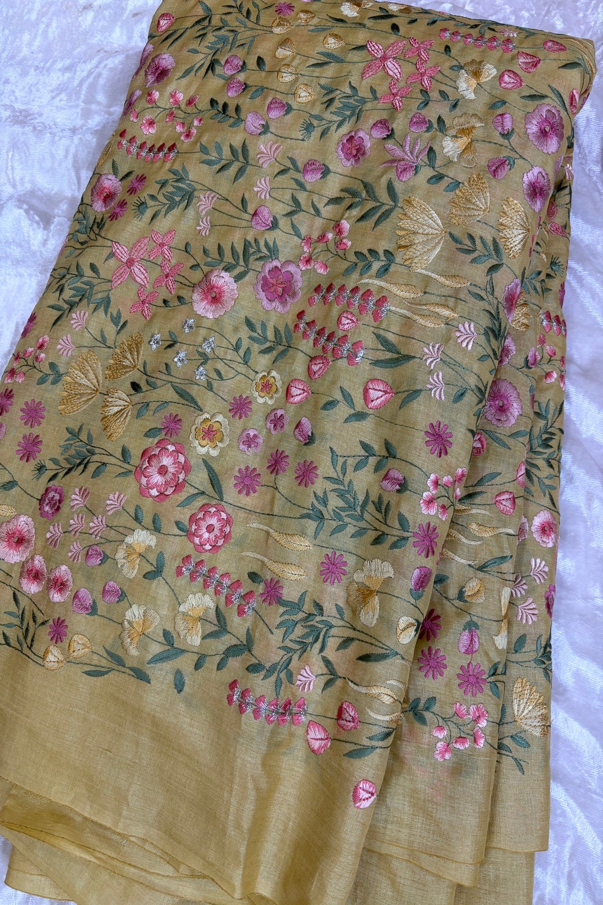 Flora & Fauna Theme Multithread Embroidered Pure Tussar Fabric