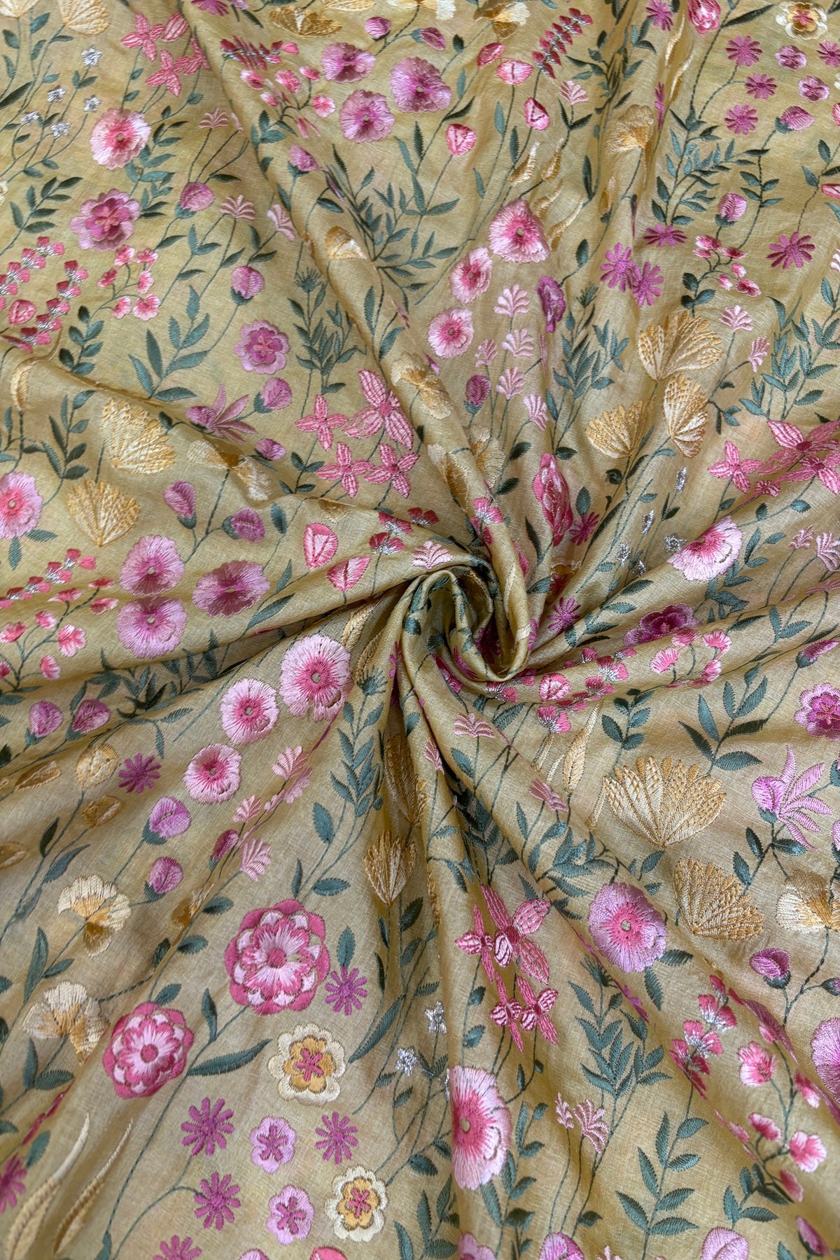 Flora & Fauna Theme Multithread Embroidered Pure Tussar Fabric