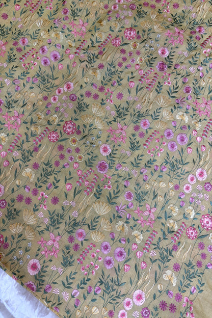 Flora & Fauna Theme Multithread Embroidered Pure Tussar Fabric