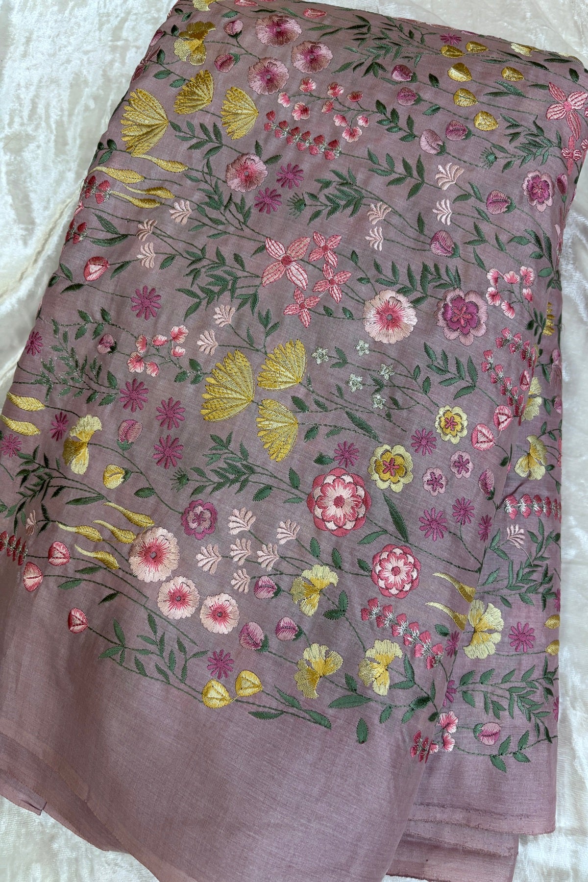 Flora & Fauna Theme Multithread Embroidered Pure Tussar Fabric