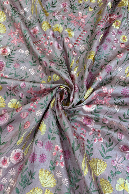 Flora & Fauna Theme Multithread Embroidered Pure Tussar Fabric