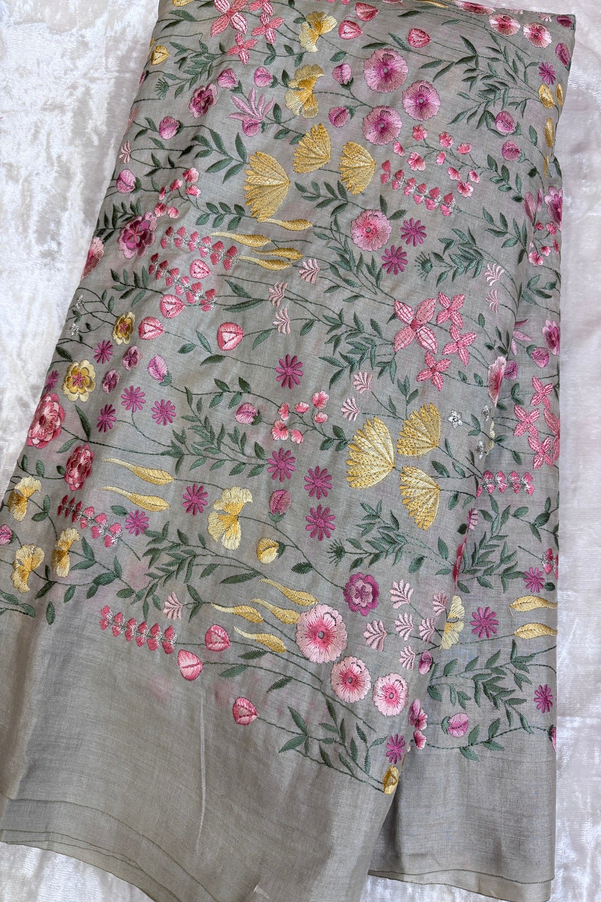 Flora & Fauna Theme Multithread Embroidered Pure Tussar Fabric