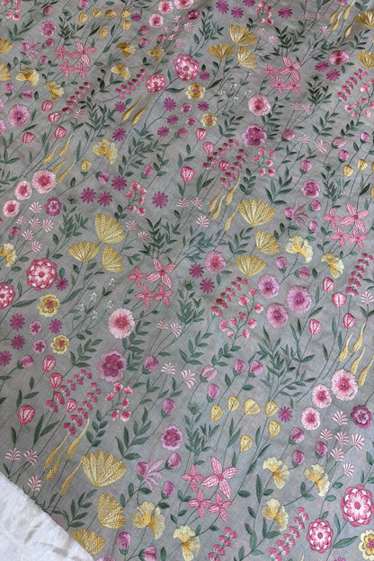 Flora & Fauna Theme Multithread Embroidered Pure Tussar Fabric