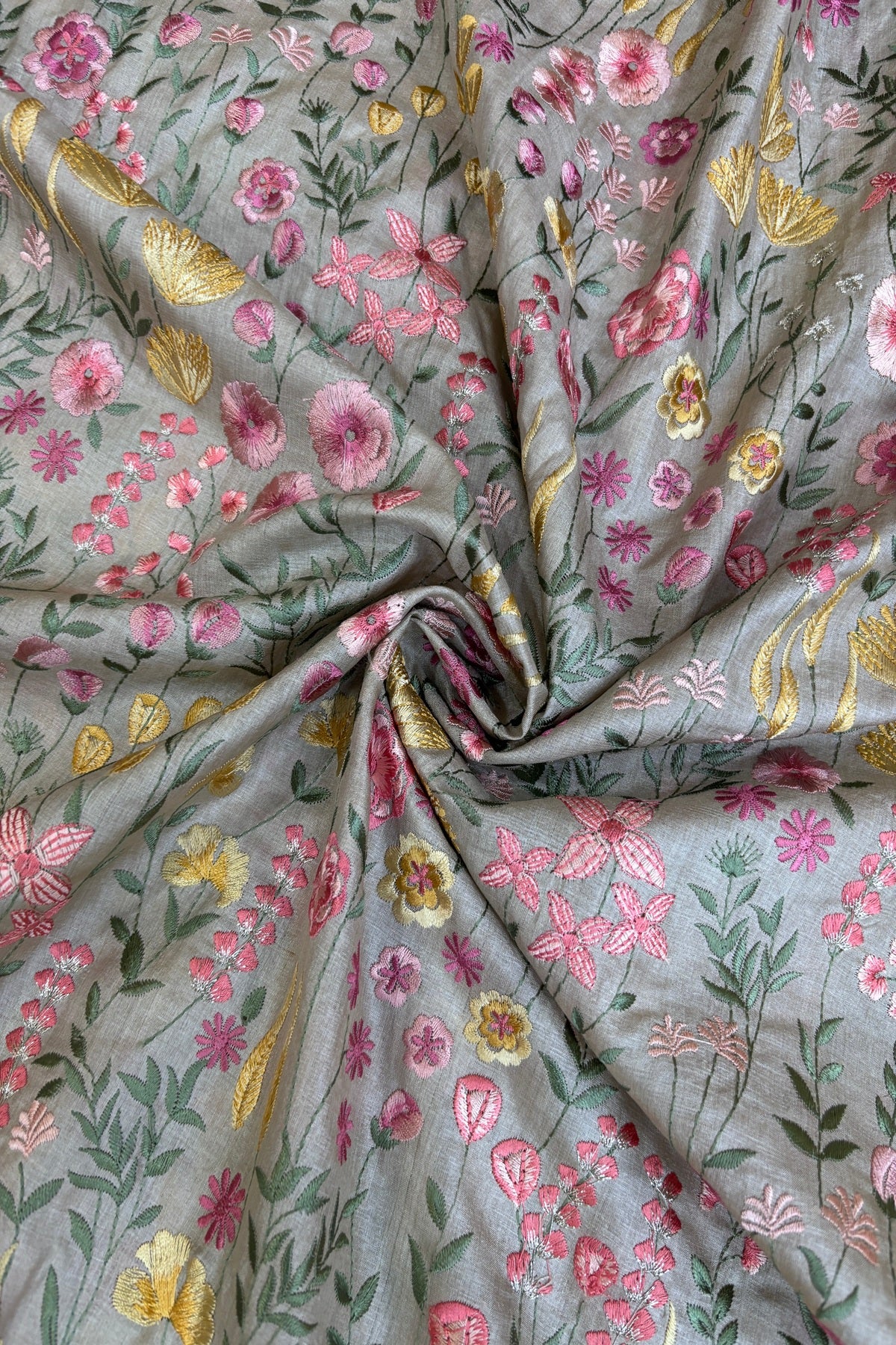 Flora & Fauna Theme Multithread Embroidered Pure Tussar Fabric