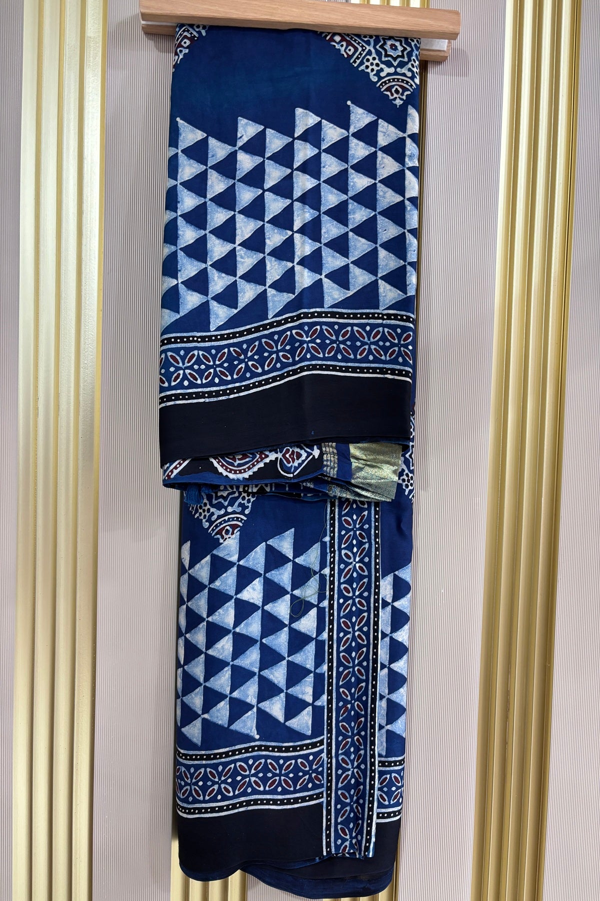 Indigo Blue Geometrical Printed Modal Satin Ajrak Printed Dupatta With Lagadi Patta Border
