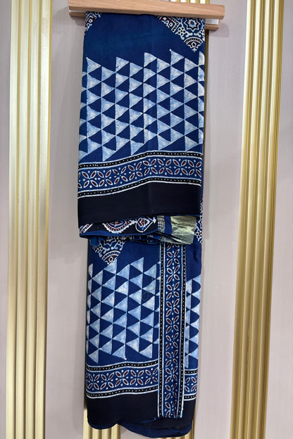 Indigo Blue Geometrical Printed Modal Satin Ajrak Printed Dupatta With Lagadi Patta Border