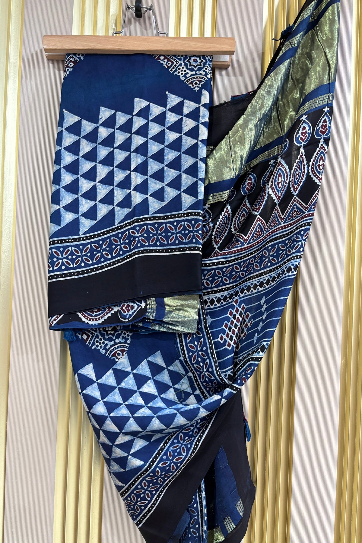 Indigo Blue Geometrical Printed Modal Satin Ajrak Printed Dupatta With Lagadi Patta Border