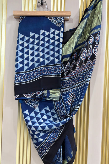 Indigo Blue Geometrical Printed Modal Satin Ajrak Printed Dupatta With Lagadi Patta Border
