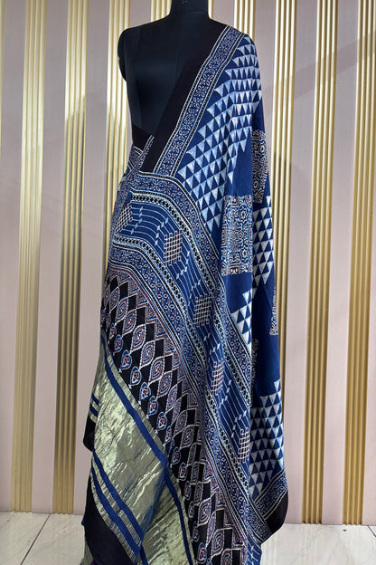 Indigo Blue Geometrical Printed Modal Satin Ajrak Printed Dupatta With Lagadi Patta Border