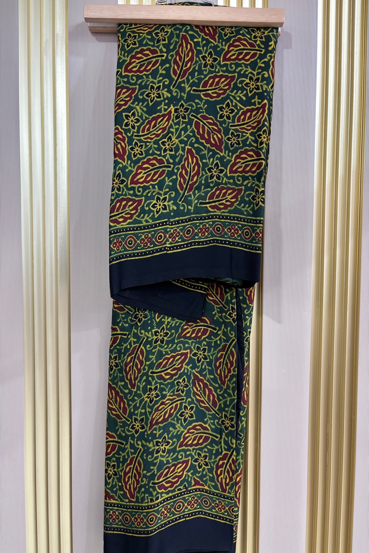 Forest Green Leaf Printed Modal Satin Ajrak Printed Dupatta With Lagadi Patta Border
