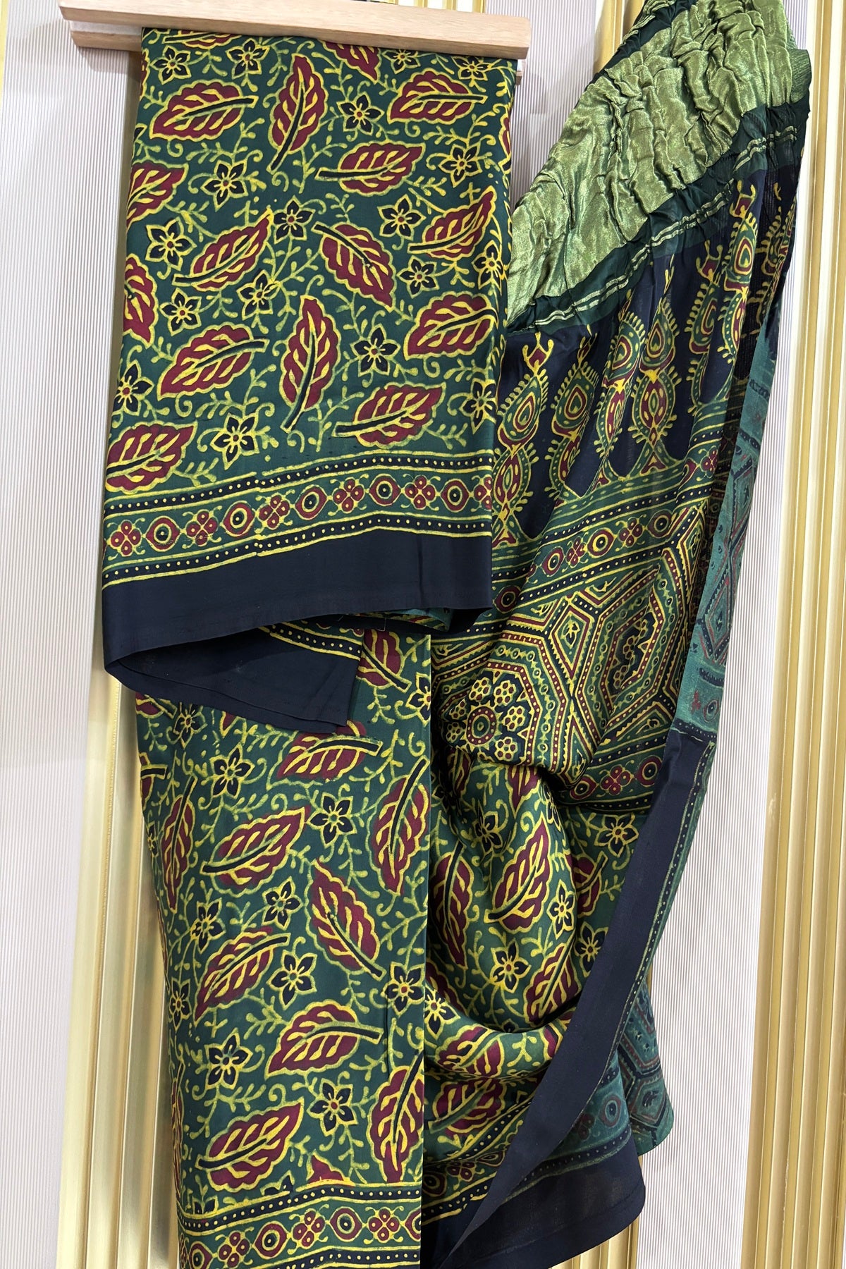 Forest Green Leaf Printed Modal Satin Ajrak Printed Dupatta With Lagadi Patta Border