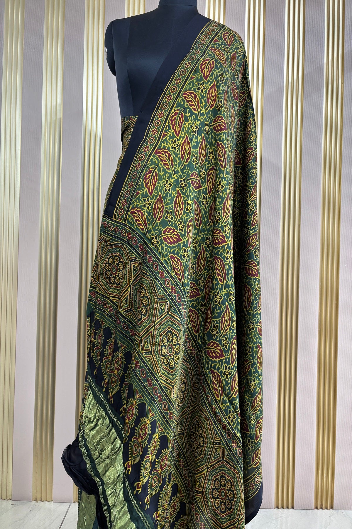 Forest Green Leaf Printed Modal Satin Ajrak Printed Dupatta With Lagadi Patta Border