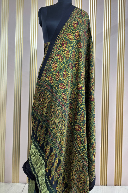 Forest Green Leaf Printed Modal Satin Ajrak Printed Dupatta With Lagadi Patta Border