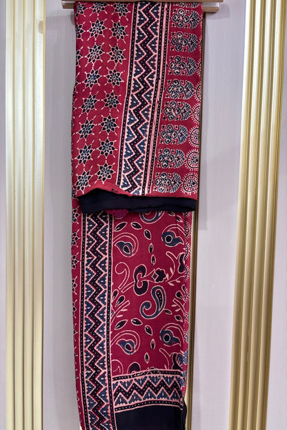 Rust Red Floral Patterned Modal Satin Ajrak Dupatta With Black Border
