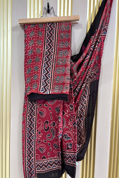 Rust Red Floral Patterned Modal Satin Ajrak Dupatta With Black Border